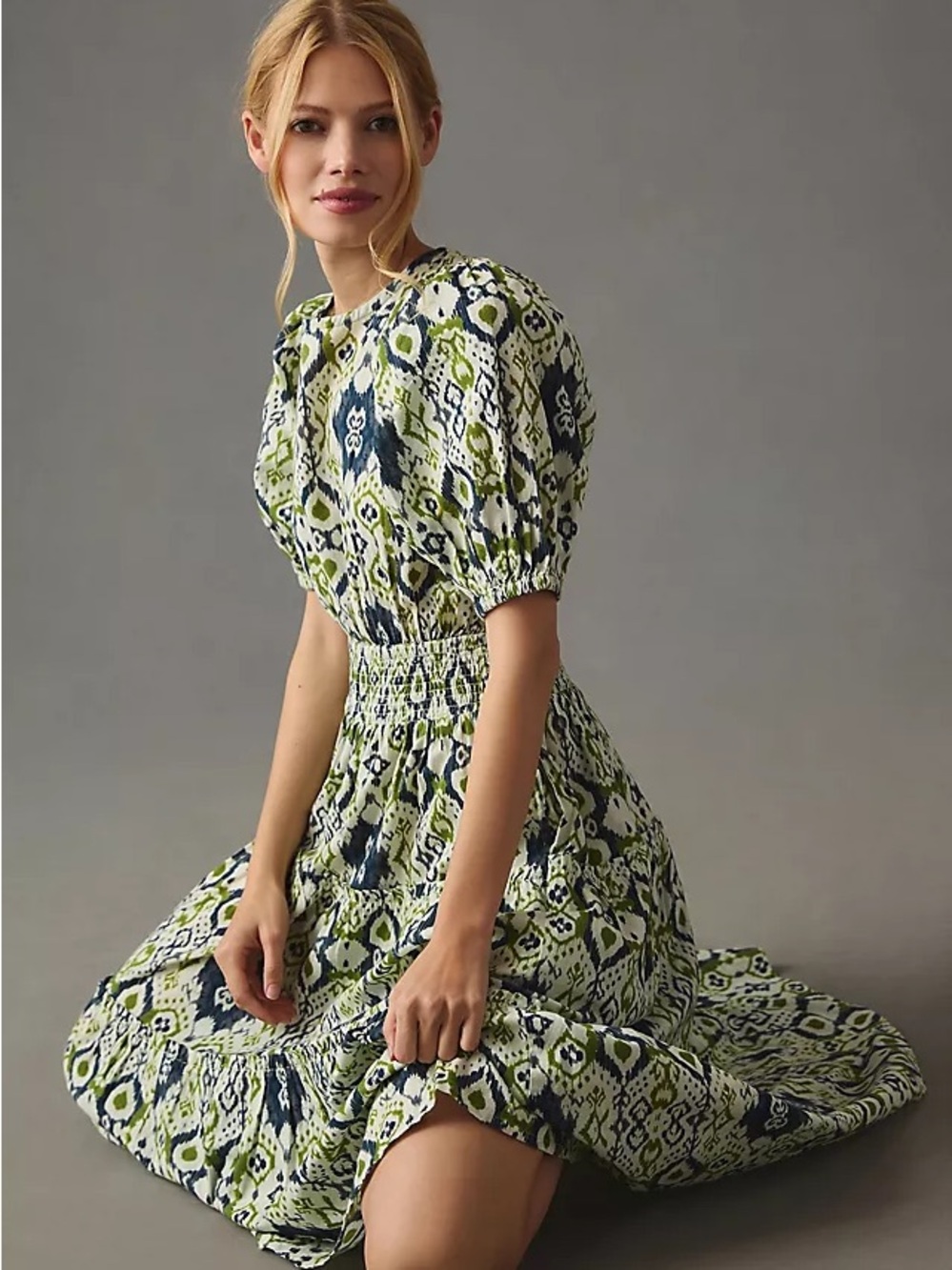 🌿 Anthropologie The Odells Ikat Midi Dress | Size M | Smocked Waist | EUC
